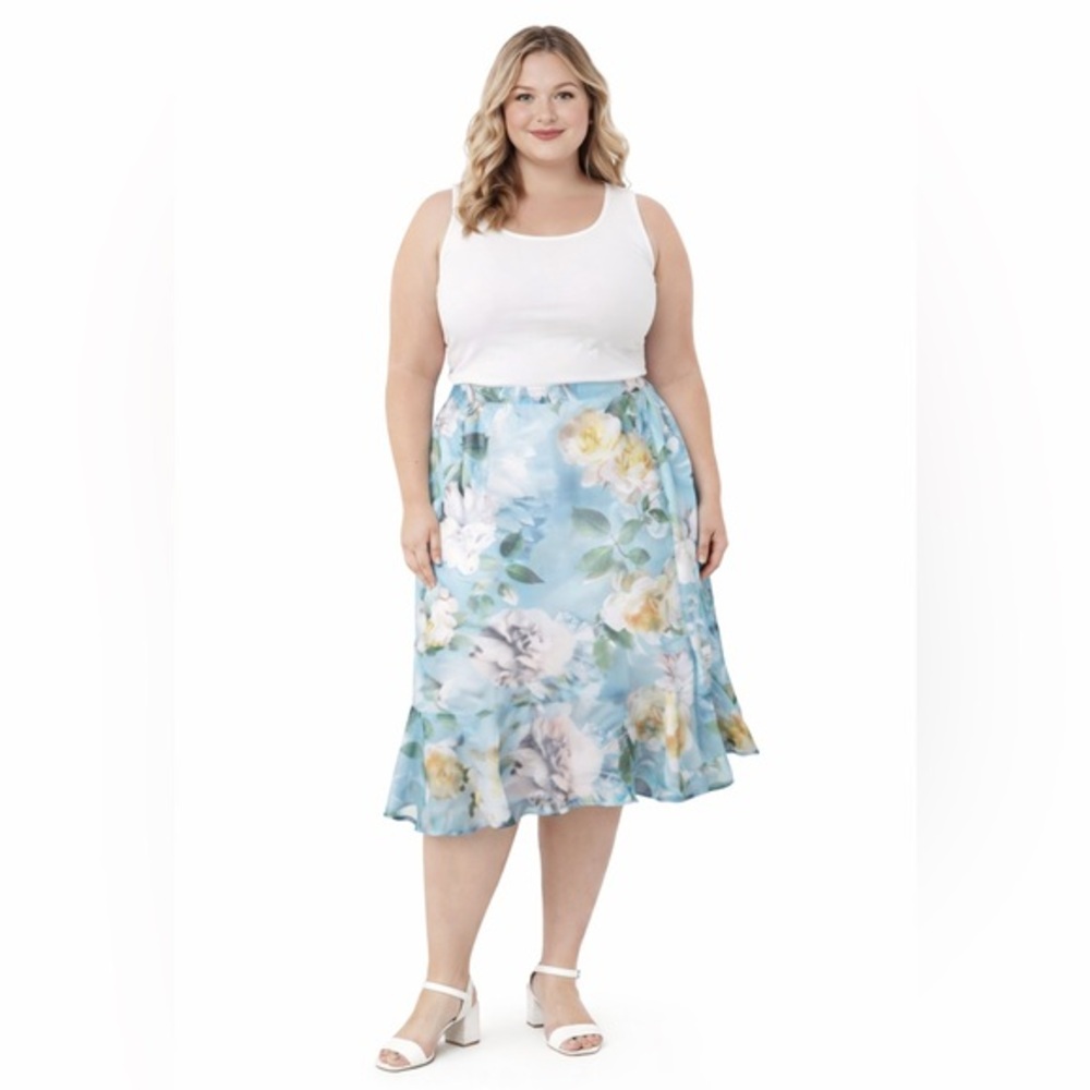 ALFRED DUNNER AQUA LARGE FLOWER PRINT FEMININE ROMANTIC COASTAL CHIC SKIRT 3XL